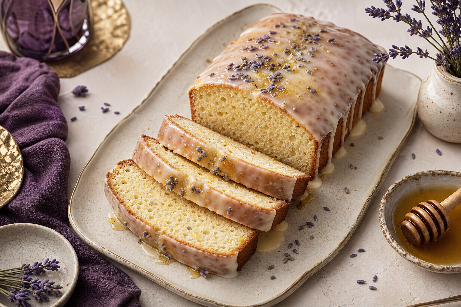 Lavender honey yogurt loaf with lemon glaze